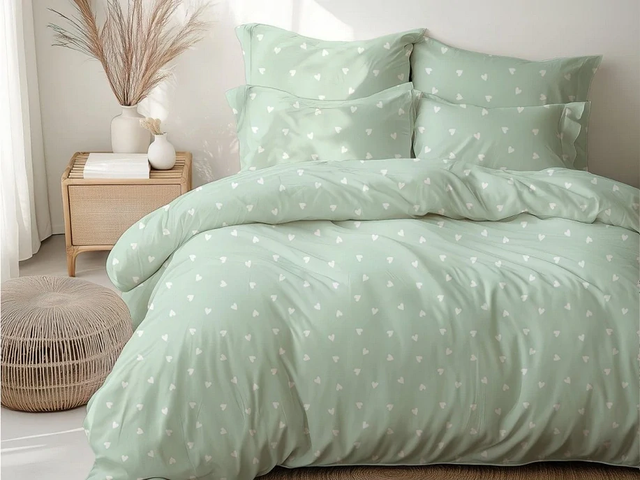Stanex povlečení Srdíčka zelená krep 140x200, 70x90 cm